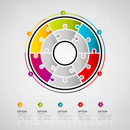 Five options presentation timeline infographic design with circle made out of jigsaw piecesのイラスト素材