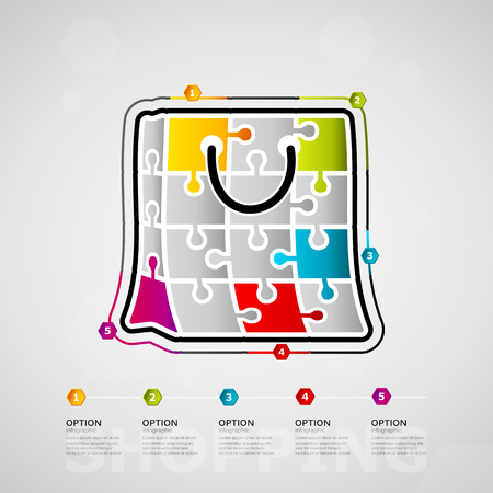 Five options shopping timeline infographic design with bag icon made out of jigsaw pieces.のイラスト素材