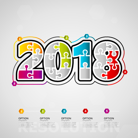 Five options 2018 timeline infographic design with text made out of jigsaw piecesのイラスト素材