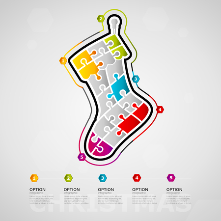Five options Christmas timeline infographic design with sock icon made out of jigsaw pieces.のイラスト素材