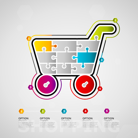 Five options shopping timeline infographic design with cart icon made out of jigsaw pieces.のイラスト素材
