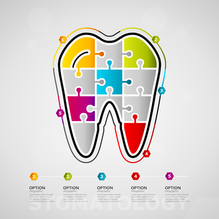 Five options Stomatology timeline infographic design with tooth icon made out of jigsaw pieces vector illustrationのイラスト素材