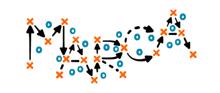 Brand strategy concept vector with orange and blue marks on white tactic boardのイラスト素材