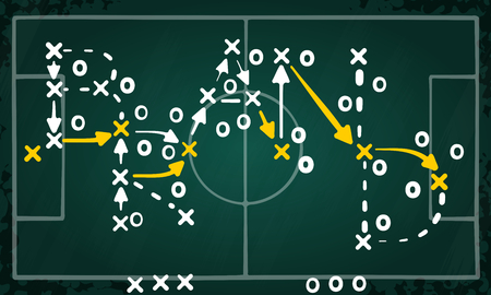 Brand strategy concept vector with white and yellow marks on soccer tactic chalkboardのイラスト素材
