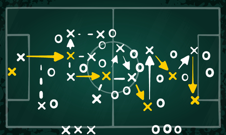 Team strategy concept vector with white and yellow marks on soccer tactic chalkboardのイラスト素材