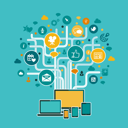 Internet infrastructure concept illustration with highway lanes, computer, laptop, mobile phone, tablet and internet icons. Flat design and punchy pastel colors.のイラスト素材