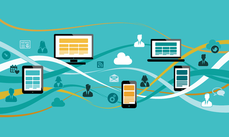 Internet concept illustration with ribbon waves, computer, laptop, mobile phone, tablet and avatar silhouettes. Flat design and punchy pastel colorsのイラスト素材