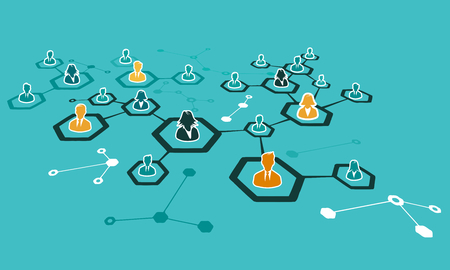 Internet network concept illustration with connected avatar silhouettes in grid. Flat design and punchy pastel colorsのイラスト素材