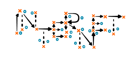 Internet strategy concept vector with orange and blue marks on white tactic boardのイラスト素材