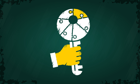 Business concept vector with white and yellow jigsaw key hand drawn on chalkboardのイラスト素材