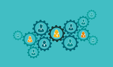 Business process concept illustration with gear cogs and avatar silhouettes. Flat design and punchy pastel colorsのイラスト素材