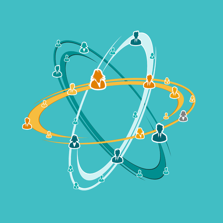 Business partnership concept illustration with orbit and avatar silhouette. Flat design and punchy pastel colorsのイラスト素材