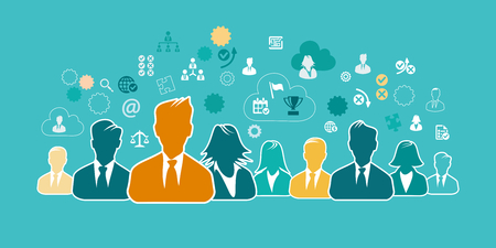 Business people concept illustration with business icons and avatar silhouettes. Flat design and punchy pastel colorsのイラスト素材