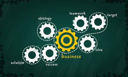 Business concept vector with white and yellow gear cogs hand drawn on chalkboardのイラスト素材