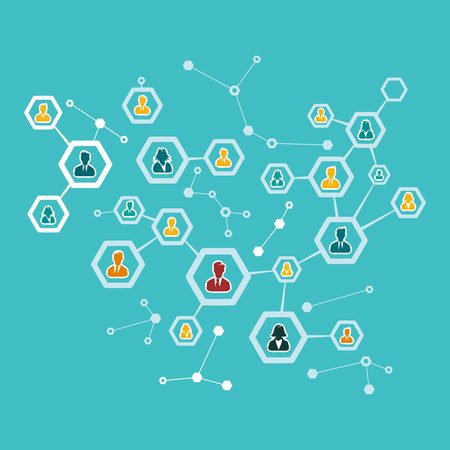 Business leader concept illustration with abstract net and avatar silhouettes. Flat design and punchy pastel colorsのイラスト素材