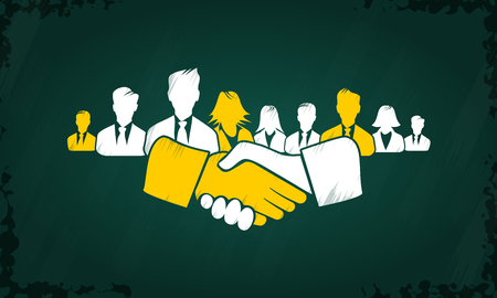 Shake hands concept vector with white and yellow hand icons and people silhouettes drawn on chalkboard.のイラスト素材