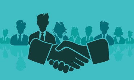 Shake hands concept illustration with handshake and avatar silhouettes. Flat design and punchy pastel colorsのイラスト素材