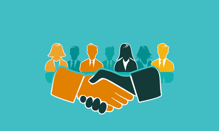 Handshake concept illustration with shaking hands and avatar silhouettes. Flat design and punchy pastel colorsのイラスト素材