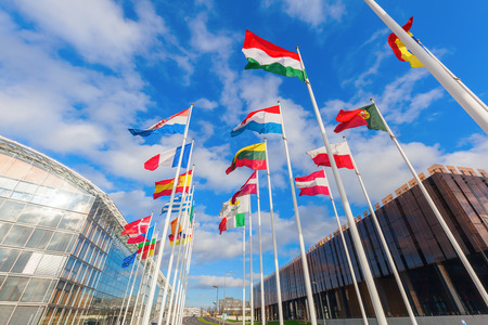 low angle view of European flags in the European district on the Kirchberg Plateau, Luxembourgの写真素材
