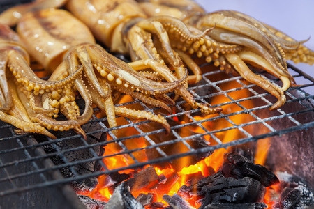 cuttlefish on a barbecue fire at a Cookshop in Bangkok, Thailandの写真素材