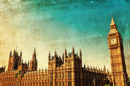 Big Ben and Westminster Palace with vintage style textureの写真素材