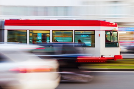 tram in the city in motion blurの写真素材