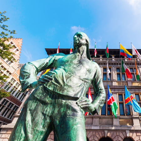 bronze statue in front of the city hall of Antwerp, Belgiumのeditorial素材