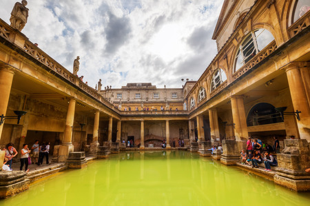 Bath, England - July 04, 2015: inside of Roman Baths with unidentified people, All All which is a site of historical interest in the city of Bath. The house is a well-preserved Roman site for public bathingのeditorial素材
