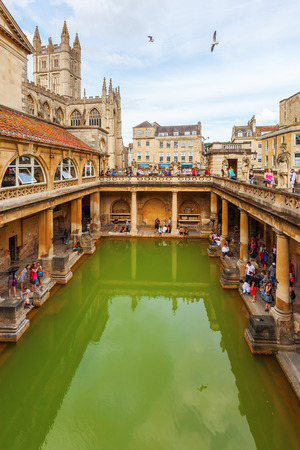 Bath, England - July 04, 2015: inside of Roman Baths with unidentified people, All All which is a site of historical interest in the city of Bath. The house is a well-preserved Roman site for public bathingのeditorial素材