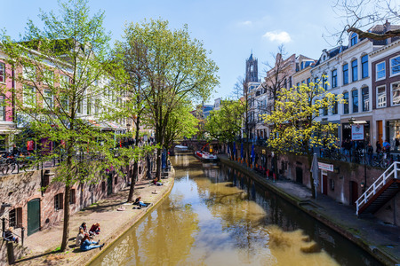 Utrecht, Netherlands - April 20, 2016: old town scene at a canal in Utrecht. The university city Utrecht is the 4th largest city of the Netherlands and capital of the same named provinceのeditorial素材