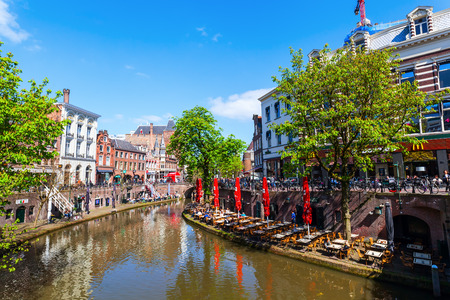 Utrecht, Netherlands - April 20, 2016: old town scene at a canal in Utrecht. The university city Utrecht is the 4th largest city of the Netherlands and capital of the same named provinceのeditorial素材