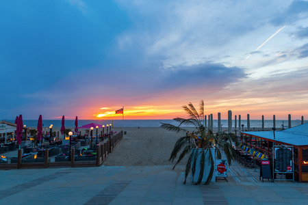 The Hague, Netherlands - April 21, 2016: beach bar at the beach of Scheveningen. Scheveningen is a district of The Hague and is famous for its long beach, esplanade and pierのeditorial素材