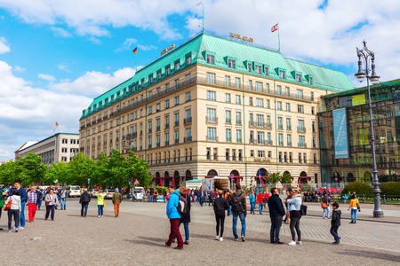 Berlin, Germany - May 14, 2016: Hotel Adlon Kempinski with unidentified people. Its a luxury hotel on Unter den Linden, at the corner with Pariser Platz, directly opposite the Brandenburg Gateのeditorial素材