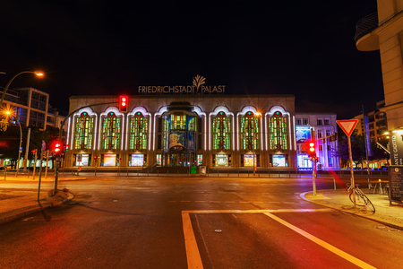 Berlin, Germany - May 16, 2016: night view of the Friedrichstadtpalast in Berlin. It is a revue theatre, designed by Manfred Prasser and opened 1984のeditorial素材