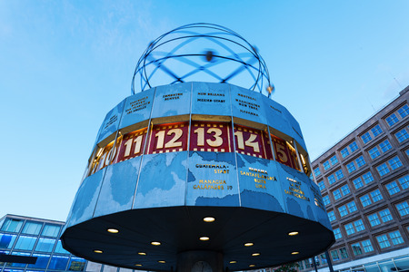 Berlin, Germany - May 16, 2016: Urania World Time Clock on Alexanderplatz. It is a 10 meters high clock installation with names of 148 cities on the metal rotunda, erected 1969.のeditorial素材