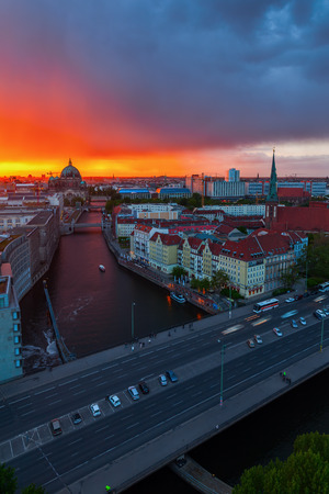 Berlin, Germany - May 14, 2016: Berlin at sunset. Berlin is capital of Germany and one of its 16 states. It has about 3.5 mio inhabitants and is a global city of culture, politics, media and sciencesのeditorial素材