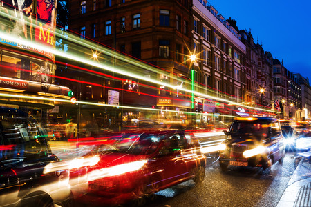 London, UK - June 18, 2016: Shaftesbury Avenue at night. It is running from Piccadilly Circus to New Oxford Street and is generally considered the heart of Londons West End theatre districtのeditorial素材