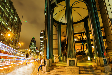 London, UK - June 16, 2016: historical building at Bishopsgate in the City of London at night. The City of London is a county in London. There is the major business and financial centre.のeditorial素材