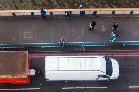 London, UK - June 15, 2016: view from high-level walkway of Tower Bridge on the bridge traffic. The Tower Bridge crossing the river Thames is an iconic symbol of London.のeditorial素材