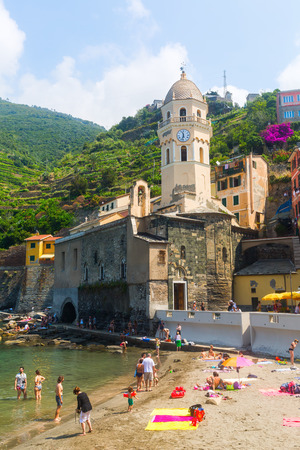 Vernazza, Italy - July 02, 2016: beach in Vernazza with unidentified people. Vernazza is one of the famous five UNESCO protected, picturesque towns in the Cinque Terre.のeditorial素材