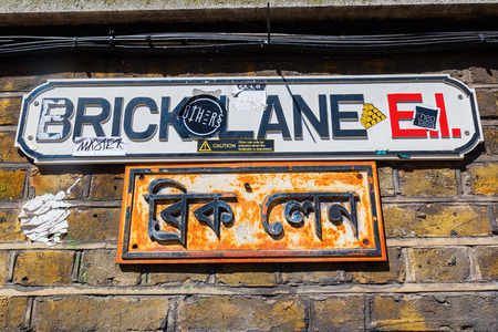 London, UK - June 15, 2016: street name sign of Brick Lane. Brick Lane is a street in Tower Hamlets and it is the heart of the citys Bangladeshi-Sylheti community with many curry houses.のeditorial素材