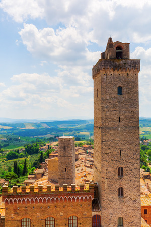 aerial view of the UNESCO protected medieval town of San Gimignano, Tuscany, Italyのeditorial素材
