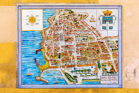 Antibes, France - July 24, 2016: city map of Antibes on wall tiles. Antibes is a Mediterranean resort in the Alpes-Maritimes department of southeastern France, on the Cote d Azurのeditorial素材