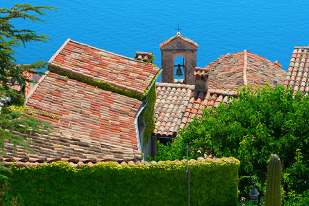 rooftop view over the picturesque and medieval village Eze, France, looking over the Mediterranean coast of the Cote dAzurのeditorial素材