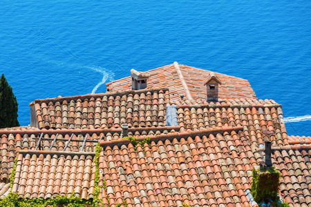 rooftop view over the picturesque and medieval village Eze, France, looking over the Mediterranean...