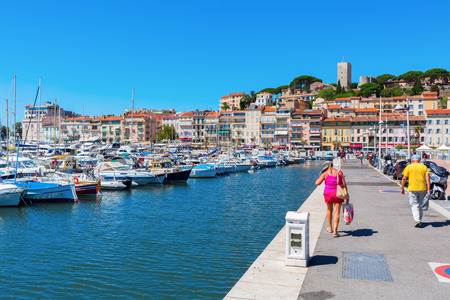 Cannes, France - August 05, 2016: harbor of Cannes with unidentified people. Cannes is a city at the French Riviera, known for its association with the rich and famous, and the Cannes Film Festivalのeditorial素材