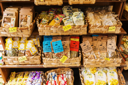 Riomaggiore, Italy - July 02, 2016: Italian delicacies at a shop display in Riomaggiore, Cinque Terre. The 5 villages are world famous and listed under UNESCO world heritage sitesのeditorial素材
