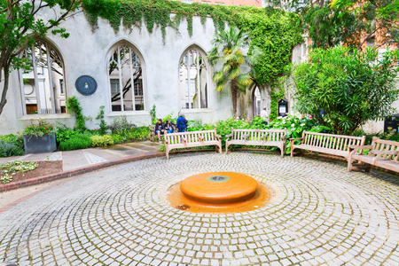 London, UK - June 17, 2016: ruin of the church St Dunstan-in-the-East in the City of London with unidentified people. The church was largely destroyed in the 2nd WW, the ruins are now public garden.のeditorial素材