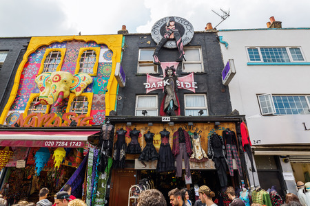 London, UK - June 17, 2016: unique shopping street in Camden with unidentified people. The area hosts street markets and music venues which are strongly associated with alternative cultureのeditorial素材