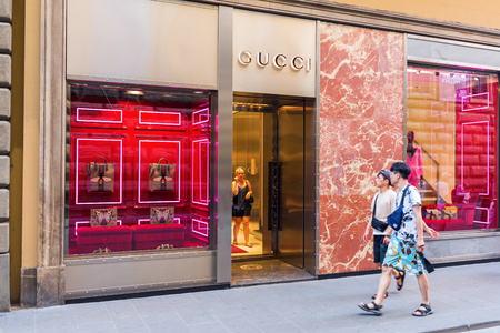 Florence, Italy - July 05, 2016: Gucci shop in the city center of Florence. Florence is a well known shopping location with a high concentration of boutiques from fashion iconsのeditorial素材
